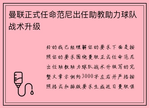 曼联正式任命范尼出任助教助力球队战术升级